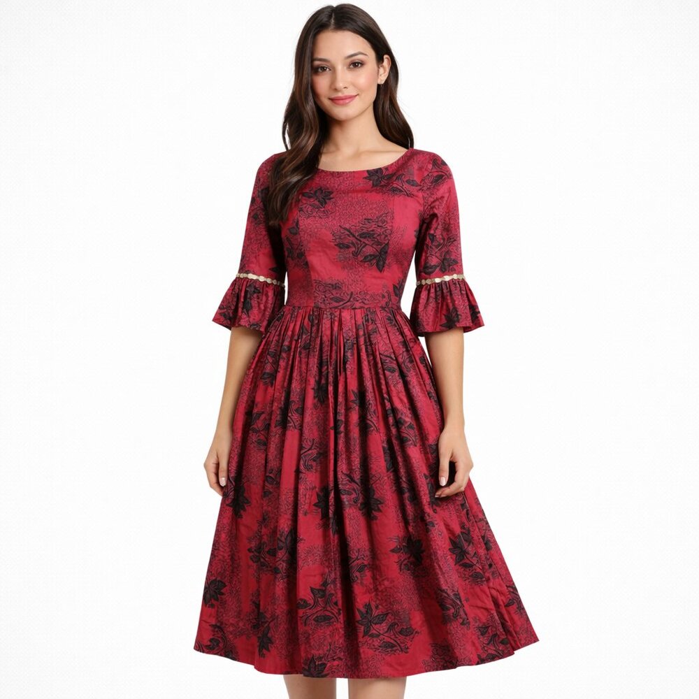 Vintage 60s Fit Flare Red Hawaiian Print Dress Size XS 34-24-free Rockabilly